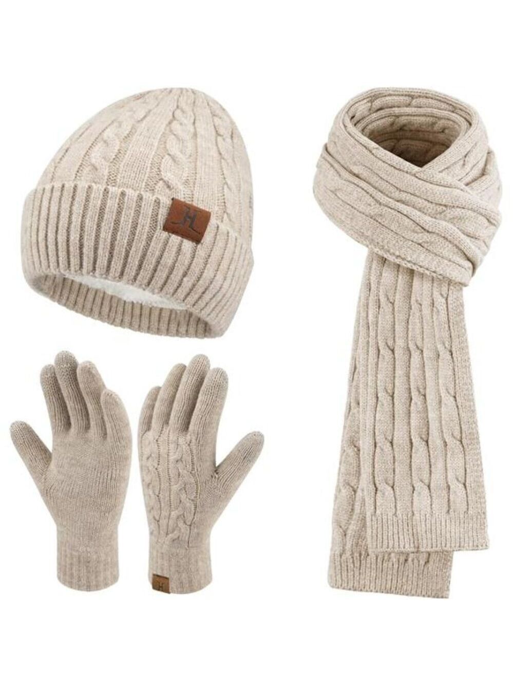 Womens winter beanie scarf gloves set warm knit fleece lined touchscreen hat gif